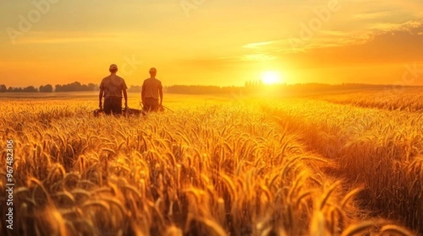 Fototapeta Two Silhouettes Walking Through a Golden Wheat Field at Sunset