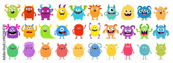 Fototapeta Happy Halloween. Cute monster icon set. Cartoon kawaii colorful scary funny character. Eyes, tongue, hands up. Baby collection. Childish style. Sticker print. Flat design. White background. Vector