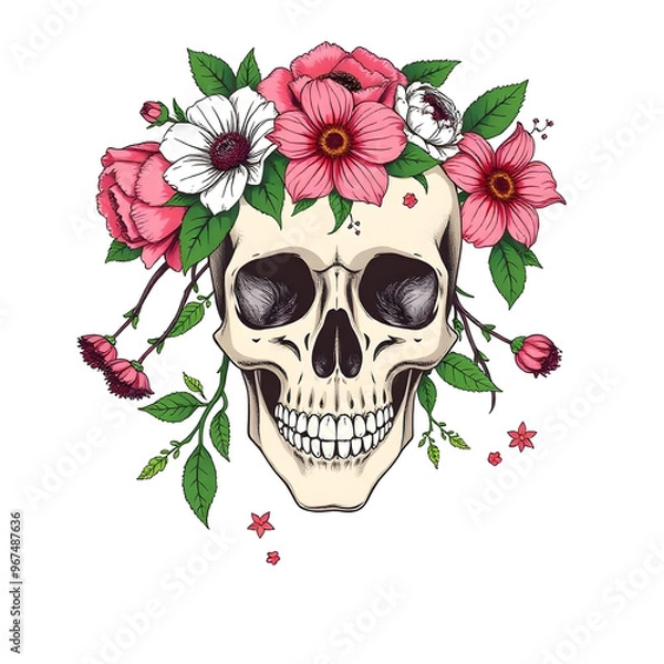 Fototapeta Skull with floral wreath isolated on transparent background. tattoo or T-shirt design.