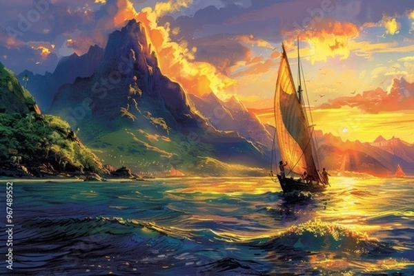 Fototapeta Polynesian Navigators Discovering New Island at Sunset

