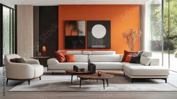 Fototapeta A modern living room with a stylish sofa set against a bright, airy backdrop, showcasing a comfortable and inviting seating area