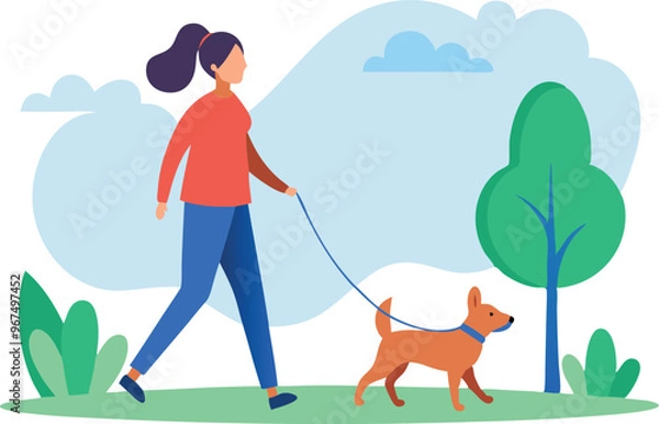 Fototapeta A woman is walking her dog in a park. The park is filled with trees and grass, creating a peaceful and relaxing atmosphere