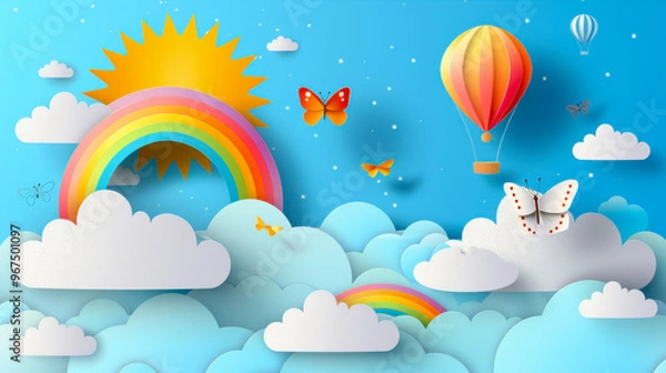 Fototapeta Beautiful fluffy clouds on blue sky background with summer sun