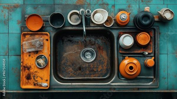 Fototapeta Overhead view of a cluttered, rusty kitchen sink with various unwashed dishes, bowls, cups, and trays. The kitchen shows signs of neglect and wear.