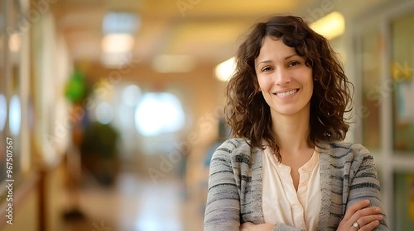 Fototapeta Portrait of a Social Worker in a Blurred Community Center Background, Portrait Shot, Social Worker, Community Center Background