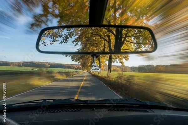 Obraz Driving down a scenic country road in autumn, view from inside the car.