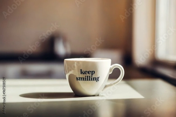 Fototapeta White coffee mug with 'keep smiling' text on blurred background.
