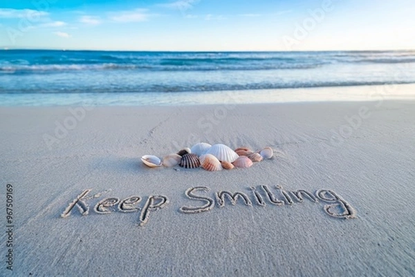 Obraz Inspirational beach message with seashells and the words 'Keep Smiling'.