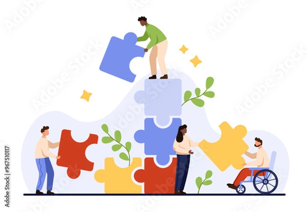 Obraz Business teamwork, partnership challenge, office unity. Tiny people build block tower, connect and match puzzle pieces, corporate team working on project solution together cartoon vector illustration