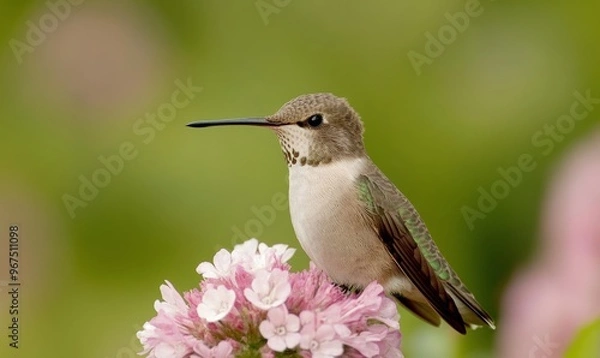 Fototapeta Hummingbird Perched on Pink Flowers in a Lush Garden During a Bright Spring Day