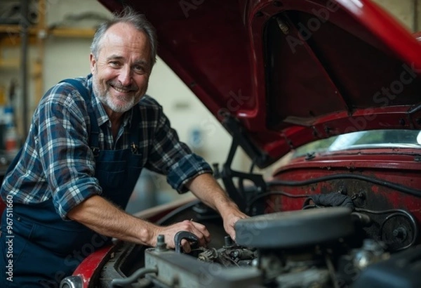 Obraz Older male mechanic working on a vintage car engine in a workshop.