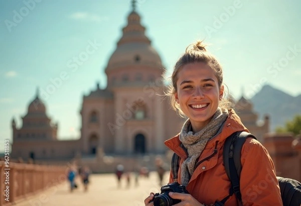 Obraz Young woman tourist with a camera in front of a historical building.