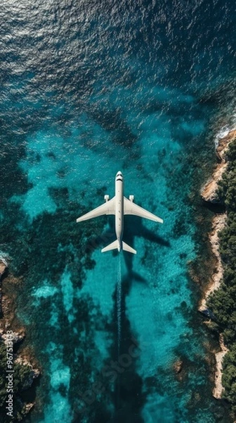 Fototapeta Aerial View of an Airplane Flying Over Clear Blue Waters and Rocky Coastline on a Sunny Day