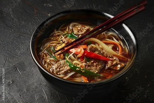 Fototapeta A vibrant bowl of Japchae showcases silky noodles, tender beef, and colorful vegetables, beautifully arranged for an authentic taste of Korean cuisine