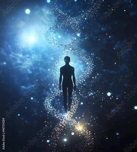 Fototapeta Double helix  DNA strands silhouette human figure aura around it human genetics concept