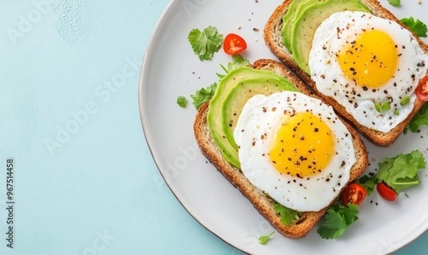 Obraz Delicious Avocado Toast Topped With Sunny-Side-Up Eggs and Fresh Herbs on a Light Blue Background