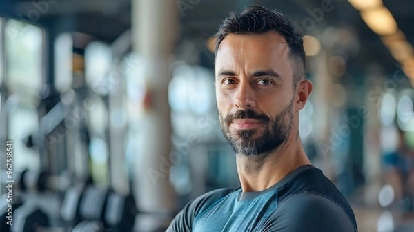 Fototapeta Portrait of a Fitness Instructor in a Blurred Fitness Class Background, Portrait Shot, Fitness Instructor, Fitness Class Background