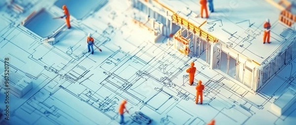 Obraz Miniature Building Model on Blueprint: Construction Concept