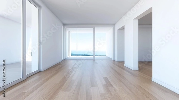 Fototapeta Bright, spacious apartment features large glass doors leading to a stunning ocean view, highlighting the minimalist design and natural light streaming into the room
