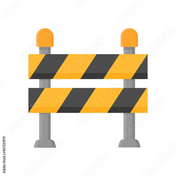 Fototapeta Road fence in black and yellow color in cartoon style on a white isolated background. Road barriers with signal beacons