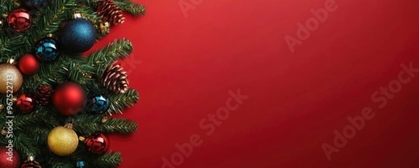 Fototapeta Red Christmas Background with Ornaments and Pine Branches