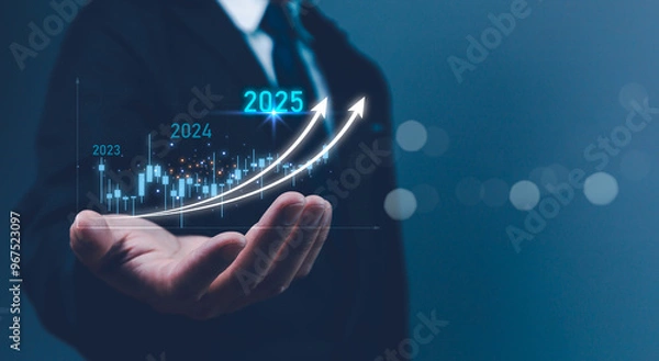 Fototapeta 2024 to 2025 business growth strategic investment capital, goal of success, stock market. Company comprehensive plan budget, trend for year. Analyzing financial data and market trends from 2024.