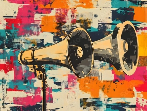 Fototapeta A vintage-style megaphone with a colorful abstract background.