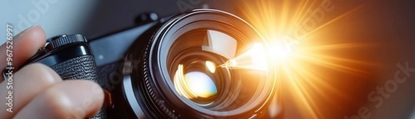 Fototapeta A close-up image of a camera lens capturing light, representing photography, creativity, and the art of visual storytelling.
