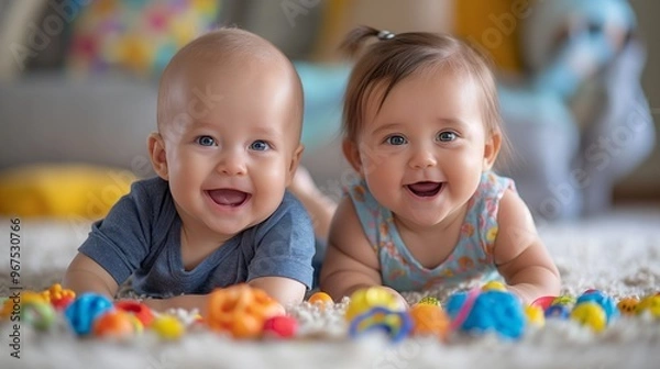 Fototapeta Two smiling babies on a carpet, surrounded by colorful toys, enjoying playtime indoors.