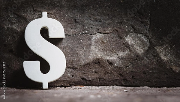 Fototapeta Stone dollar symbol on dark abstract rough background. Money and finance concept. Grunge wall