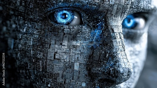 Obraz A close-up view of a futuristic, robotic face with intricate digital patterns and striking blue eyes, symbolizing advanced technology.