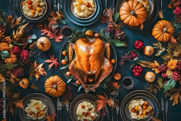 Fototapeta A table with a large turkey and many fall fruits and vegetables
