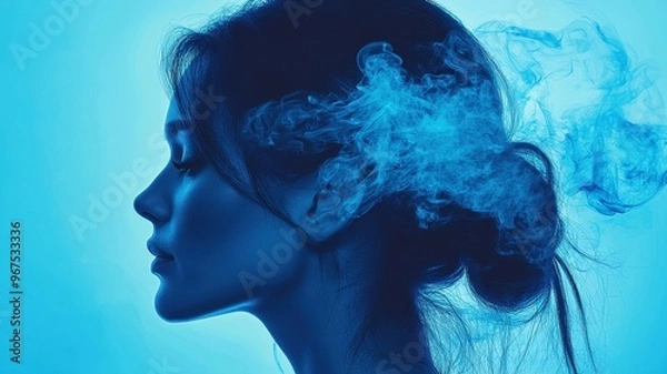 Fototapeta A serene profile of a woman surrounded by ethereal blue smoke, capturing a moment of introspection and tranquility.
