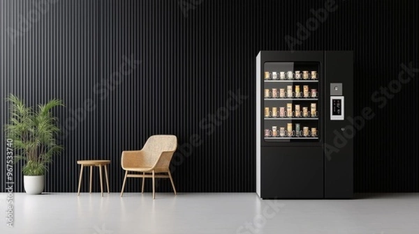 Fototapeta Modern Office Vending Machine: A sleek black vending machine stands in a minimalist office setting, offering a touch of convenience and refreshment to the workspace.