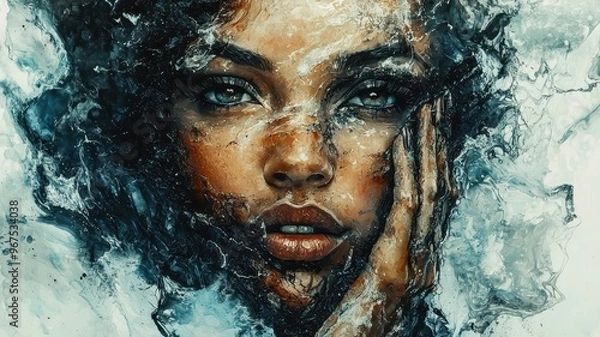Fototapeta A stunning portrait of an expressive woman, blended with abstract elements reflecting deep emotions and artistic beauty.