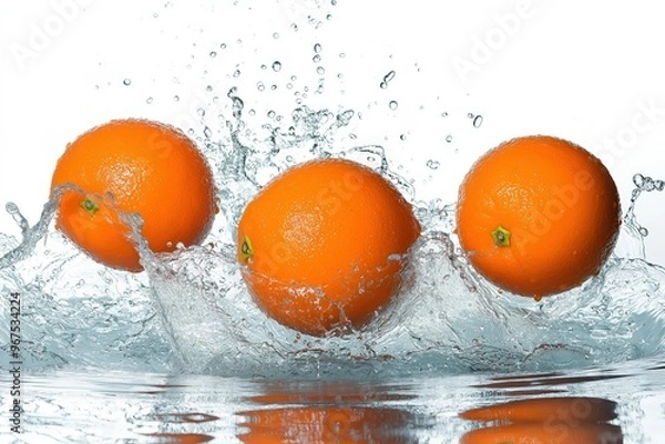 Fototapeta Three ripe oranges splashing into water on white background