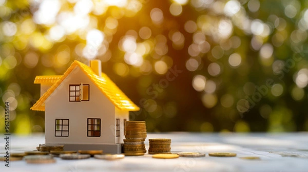 Fototapeta Small house model with yellow roof on a stack of coins, symbolizing real estate investment, financial growth, and savings concepts. Soft bokeh background with bright and clean focus.