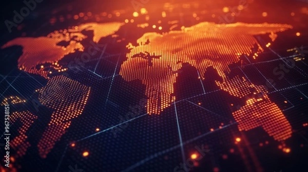 Obraz Digital world map on dark background with glowing network connections.