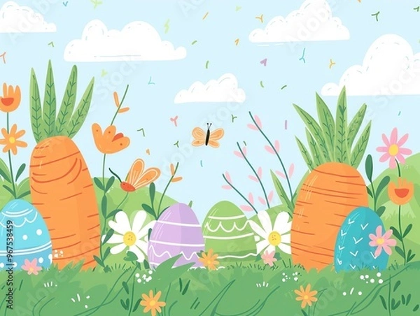 Fototapeta Easter egg hunt, cartoon carrots, Easter treats, spring icons, flat design illustration