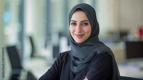 Fototapeta Portrait of Attractive Beautiful Middle Eastern Manager at Desk in Office, Business Theme, Portrait Shot, Plain Office Background