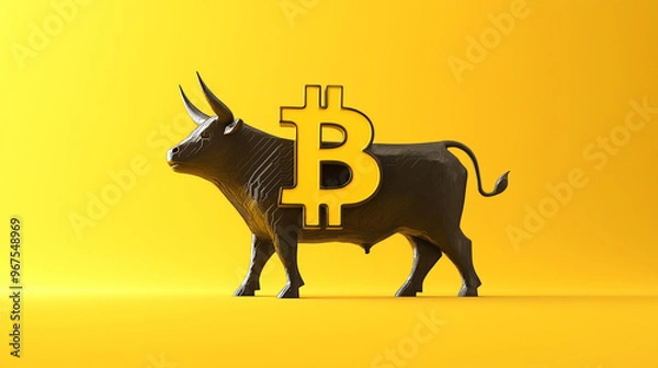 Obraz bull figure silhouette with bitcoin logo on yellow background