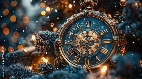 Fototapeta A clock striking midnight, signaling the arrival of 2025, surrounded by sparkling decorations. Capture the magical moment of the New Year