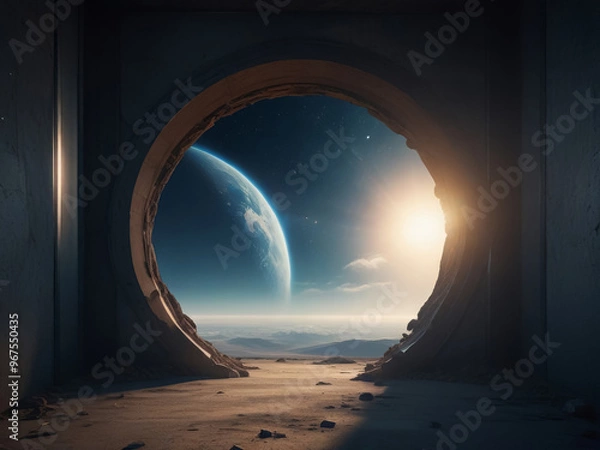 Fototapeta Mysterious Portal to Another World with a Cosmic Landscape and Astronaut Explorer.