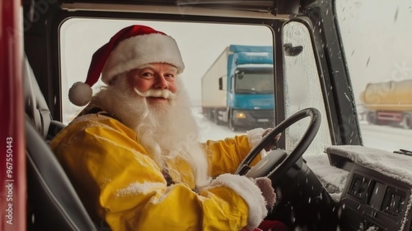 Fototapeta Santa Claus in a yellow suit driving a 35-tonne lorry