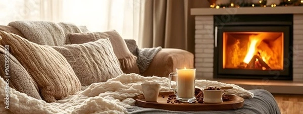 Obraz A cozy living room with soft blankets and hot cocoa on the coffee table, lit by warm candlelight from an open fireplace in the background