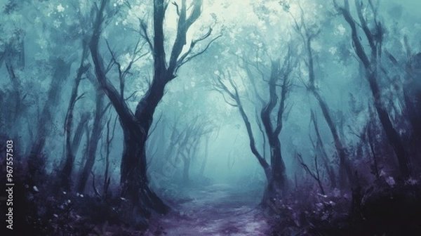 Fototapeta A mystical forest with fog, ethereal trees, and an enchanting pathway beckoning exploration.