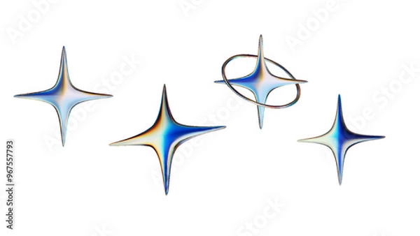 Fototapeta 3D render holographic abstract chrome stars. Set vector 3D shapes