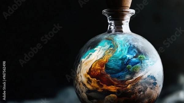Fototapeta A flask filled with swirling magma, showcasing vibrant colors and intricate details of rainforests and oceans, evokes sense of wonder and exploration