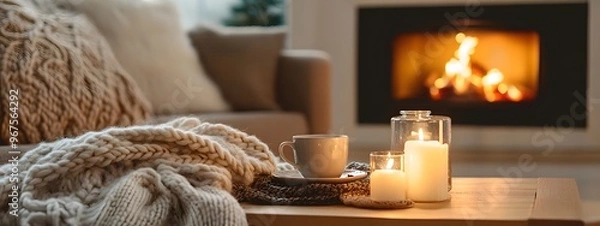 Obraz A cozy living room with soft blankets and hot cocoa on the coffee table, lit by warm candlelight from an open fireplace in the background