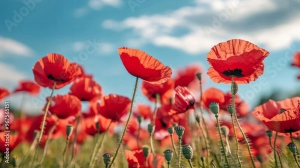 Fototapeta Field of poppies with vibrant red petals, swaying gently in the wind under a clear blue sky.